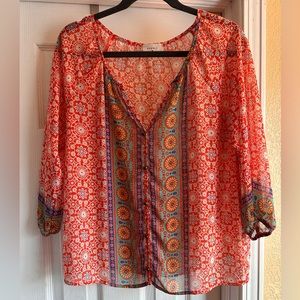 Everyly 3/4 sleeve sheer orange top, size S